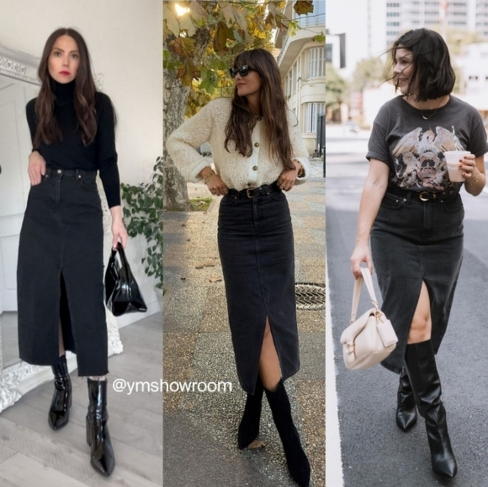 Pistola Alice High Rise Midi Skirt  Underground Raw Hem Gothic Denim Jean